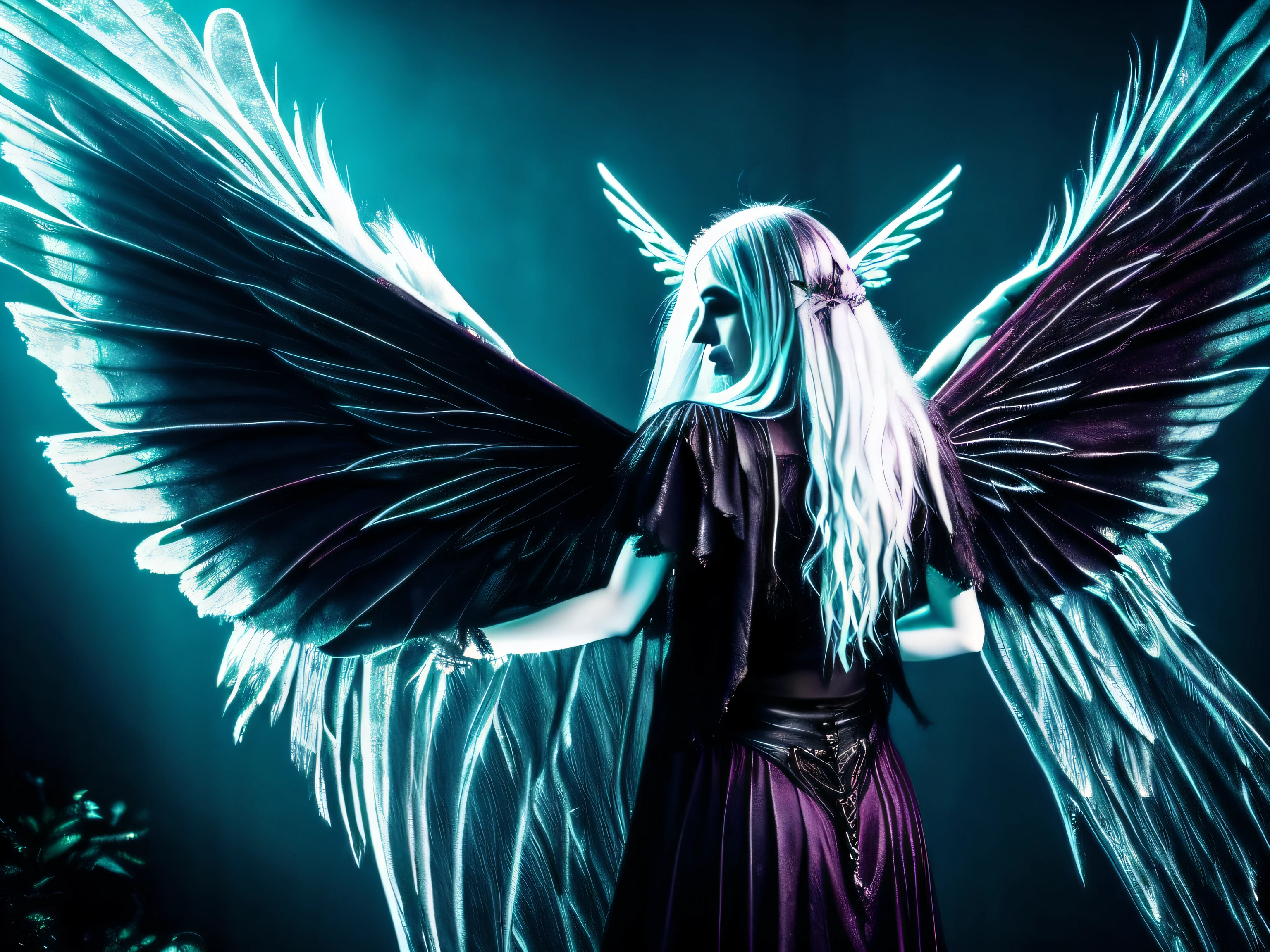 a fairy, majestic wings, angelcore, black metal , grunge