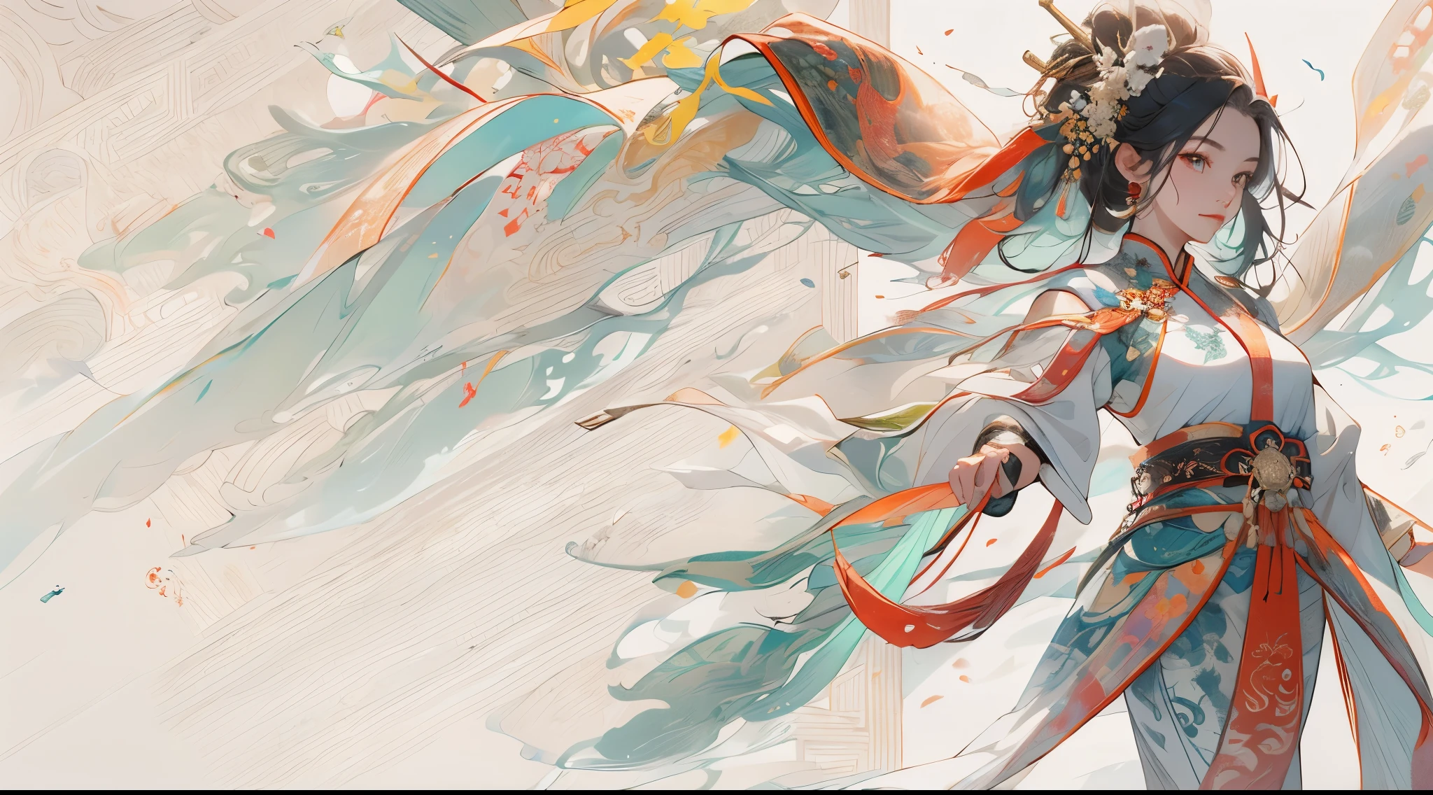 one-girl, ancient Chinese costume, Full body lesbian, rays of sunshine, Clear face, Clean white background, tmasterpiece, super detailing, Epic work, hyper HD, high high quality, The content is very detailed, offcial art, Unity8k wallpaper, super detailing, 32K