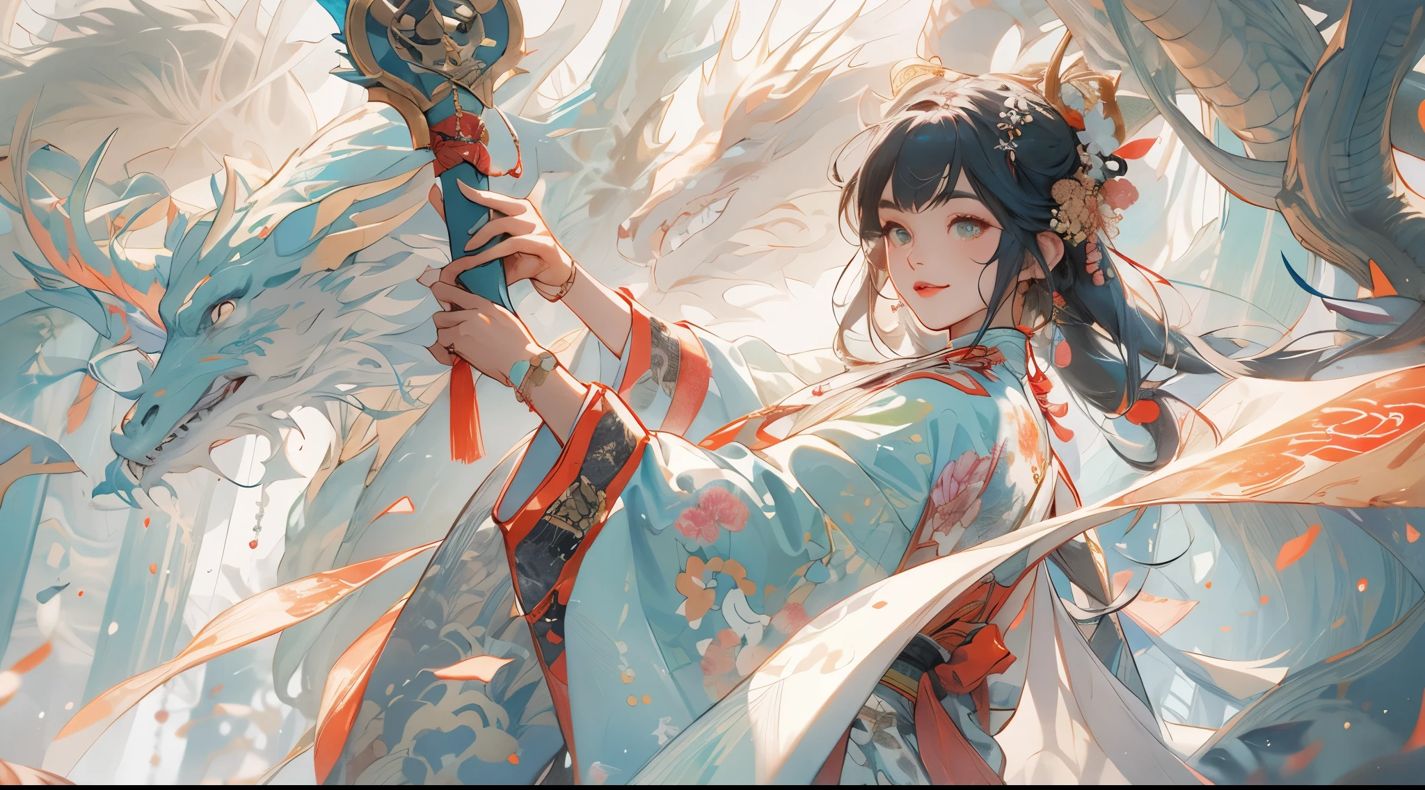 one-girl, ancient Chinese costume, Full body lesbian, rays of sunshine, Clear face, Clean white background, tmasterpiece, super detailing, Epic work, hyper HD, high high quality, The content is very detailed, offcial art, Unity8k wallpaper, super detailing, 32K