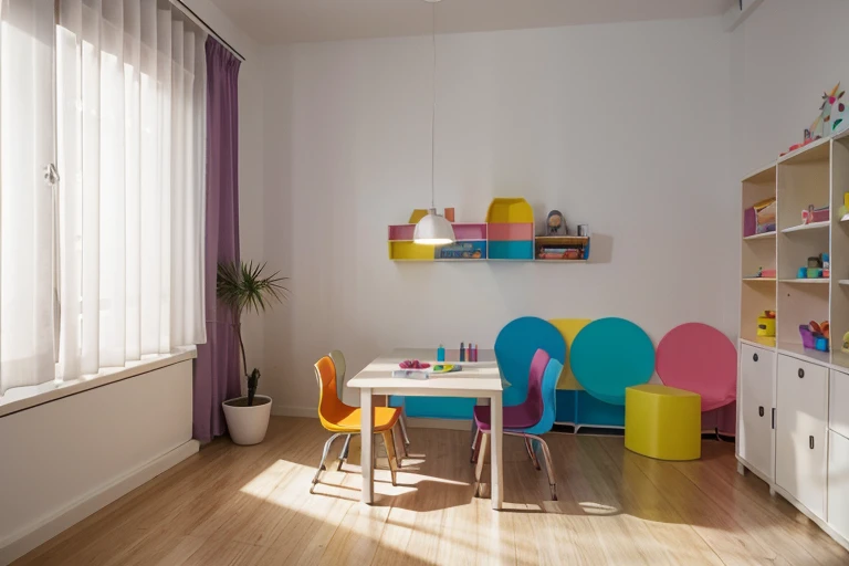 white sheet of paper on a table with many colored pencils next to it, giz de cera, canetinhas coloridas, ambiente como uma brinquedoteca infantil, ambiente claro iluminado diurno, environment with colorful furniture, mostre as mesas inteiras sem cortar as pernas das mesas, image further away