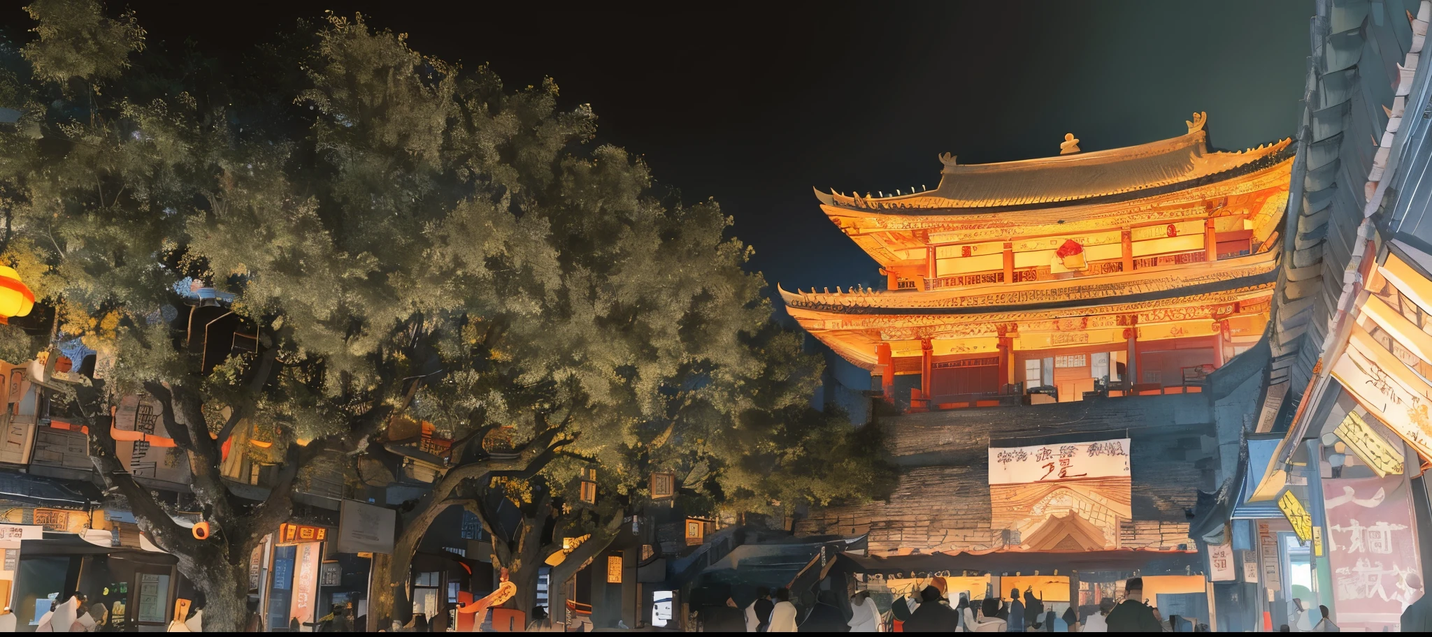 natta,People walking on city streets,In the background is the bell tower, ancient Chinese architecture, yellow dragon head festival, Chinese architecture, natta拍摄的照片, Tang Dynasty Palace, large view, to emphasize, wide wide shot, wide wide shot, Cyberpunk ancient Chinese castle, summer festival night, Edited, Chinese heritage, Wide-angle panorama, ancient chinese pagoda