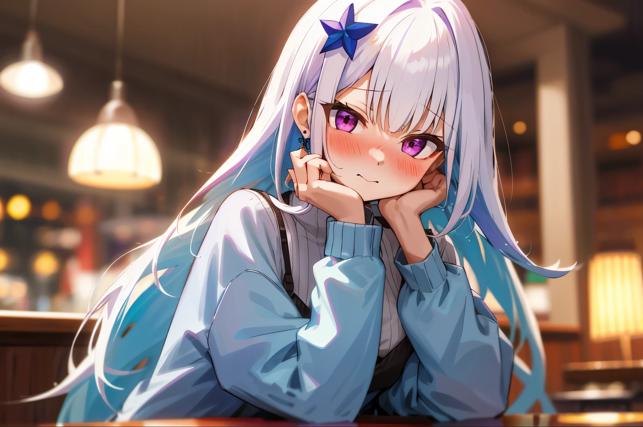 One girl with long hair, bangs, white hair, blue inner hair:1.25) , purple eyes, looking at viewer, blushing, embarrassed, indoor, cafe, table, sitting, sweaters, earrings, mid-chest, night atmosphere, hair ornament, medium breasts, upper body, focus, blurry background, hands in face
