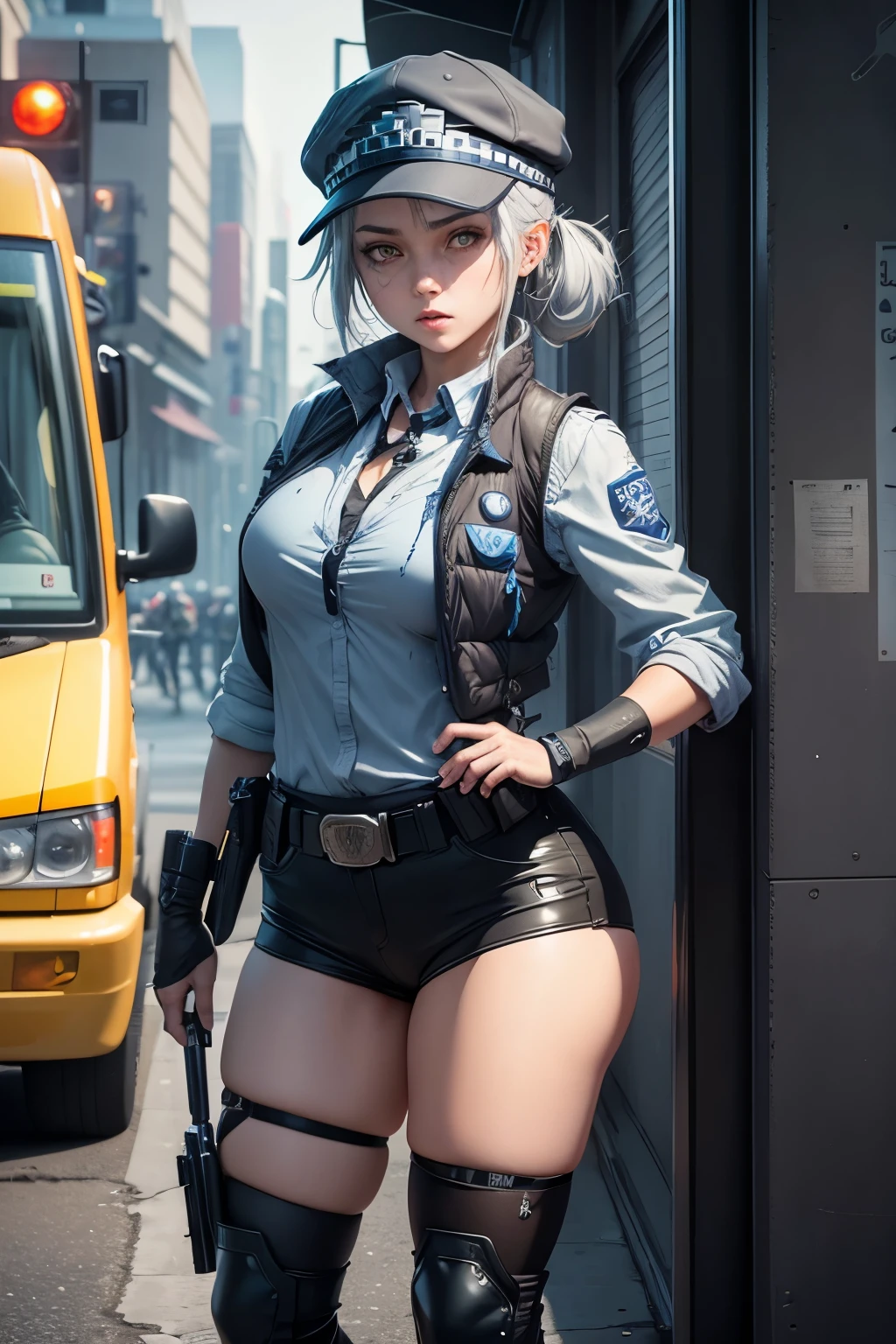 HD,sexy ciri, ponytail,police uniform,police hat,lace up heels, short skirt, jail, thick ass