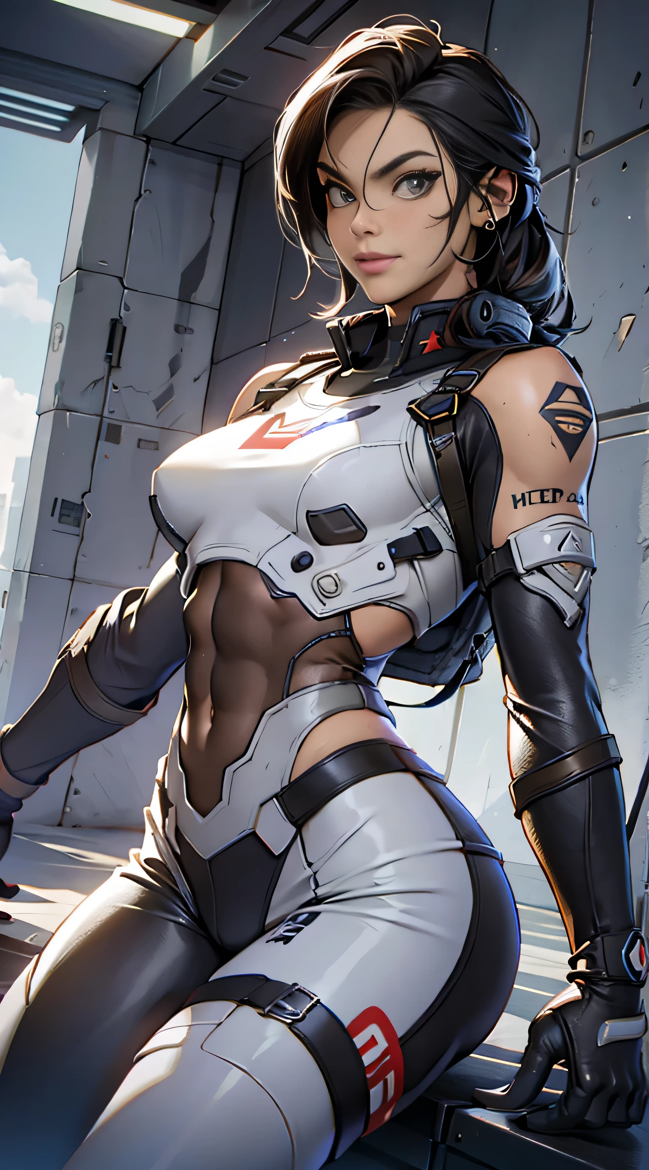 1 milf, 美丽的面容, big eye, large full breasts, thighs thighs thighs thighs, cybernetic body parts, Short underwear, masutepiece, Realistic, impossible details, top-quality