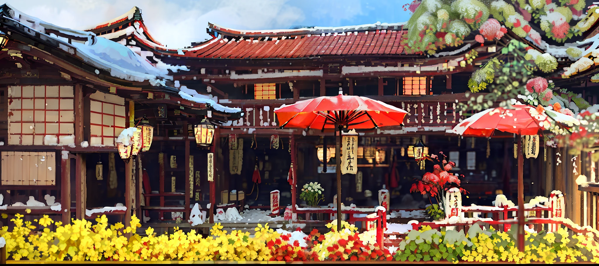 There are two red umbrellas outside the building, Ryokan and Edo period houses, high-end onsen, Flared Japanese black tile roof, The background is an Edo period house, Japan rural town, Wide-angle panorama, Japanese house, Japan town, a masterpiece of art, full view, Japan Village, by sengai, ancient japanese architecture