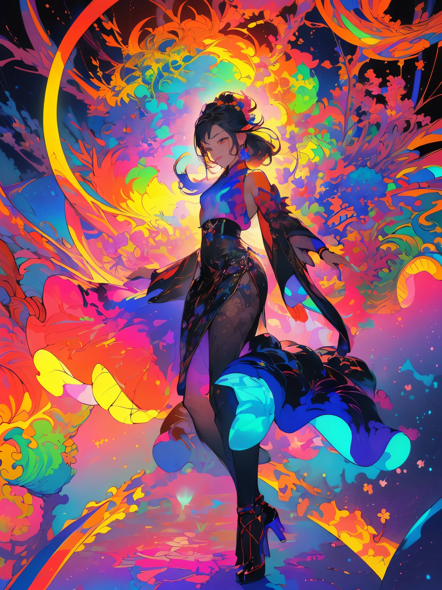 ((s fractal art)),((tmasterpiece,Best quality at best,The content is very detailed,超高分辨率,detailedbackground)),(((abstract backgrounds))),(1 girl),((Colorful)),blooming flower,(Skin glows),((Lots of colors)),(Erenite, full bodyesbian,attention,wearing high heels