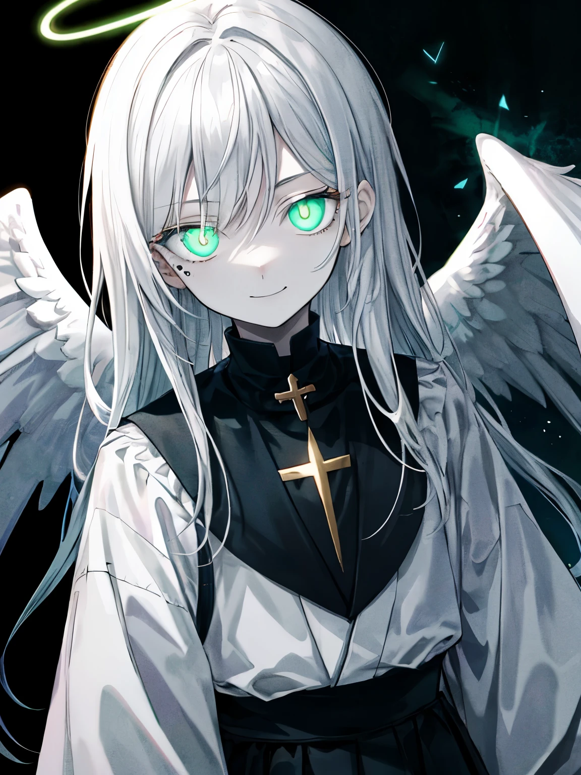 Best Quality、masutepiece、Ultra-detailed、face perfect、Extremely detailed、Extremely delicate、1 boy, (Scary), Angel, Gorgeolanche'The halo), Dark, Glowing eyes, Light green eyes, Angel wings, holy, , blancheのチュニック, 2対のblanche angel wings, which are full of confidence, Smile, Keep your mouth shut、Expressive eyes, collofull eyes, Contrasty, shadowy, masutepiece, Digital Art, Glowing eyes, Intimidating, corrupted, Demonic, Abstract background, blanche, black and blue-green、両手にblancheく輝く星を浮かばせる、fear