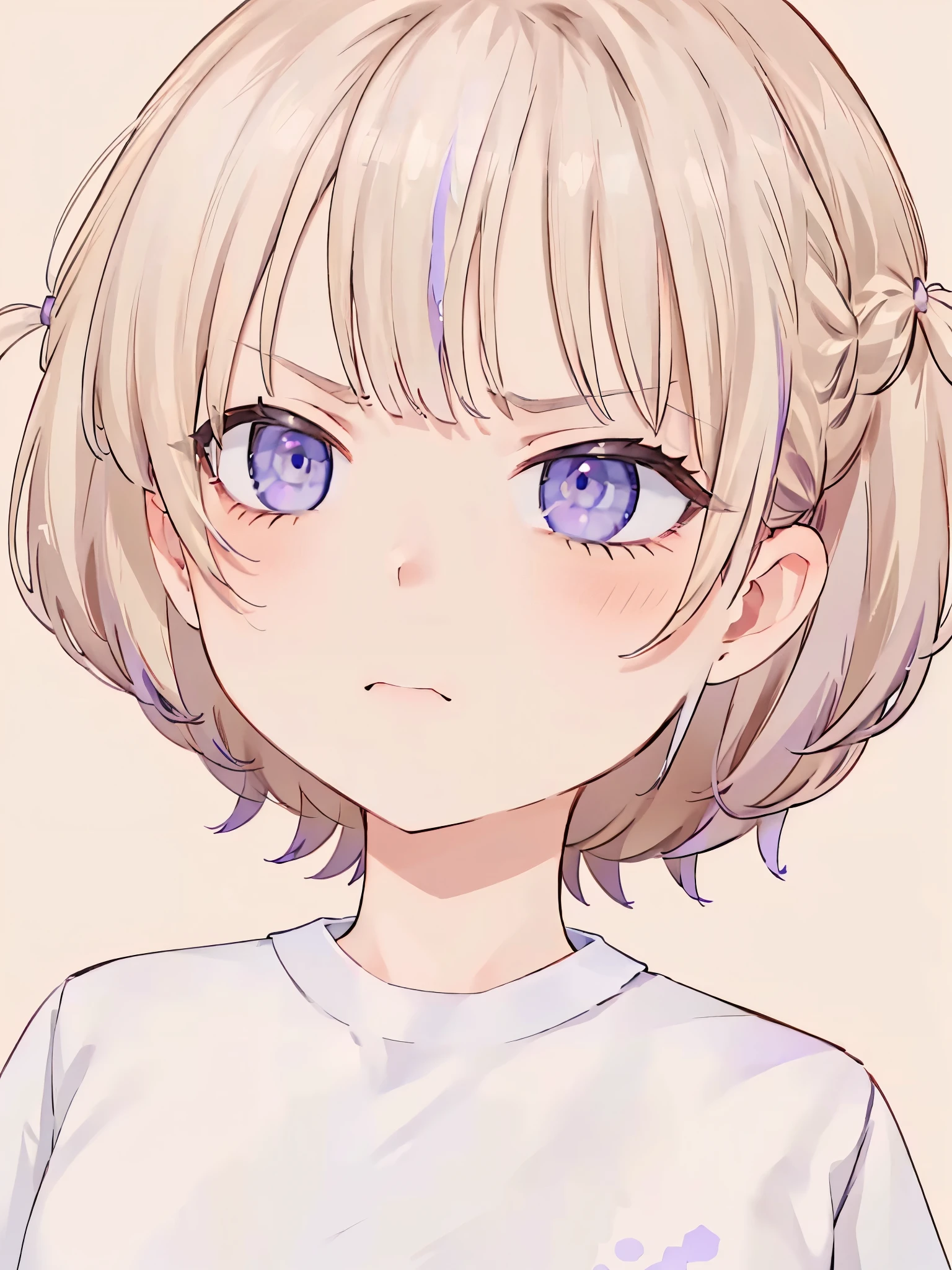 Cream hair, purple eyes, upper body, ((angry face)), detailed eyes, beautiful eyes, high res, blush,