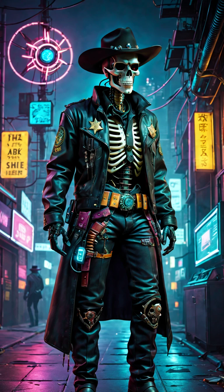 cyber punk perssonage,skeleton head,Robot Sheriff,metalictexture,cowboy hat,Cockade,Neon brim,jaqueta de couro,cowboy boots,Retro-Future,vibrant with colors,electric sparks,Dystopian cityscape,Network enhancement,glowing light eyes,High-tech weapons hanging from the belt,wires and cables,nighttime scene,Mixed reality。(Best quality at best,4K,8K,A high resolution,tmasterpiece:1.2),ultra - detailed,(actual,photoactual,photo-actual:1.37),