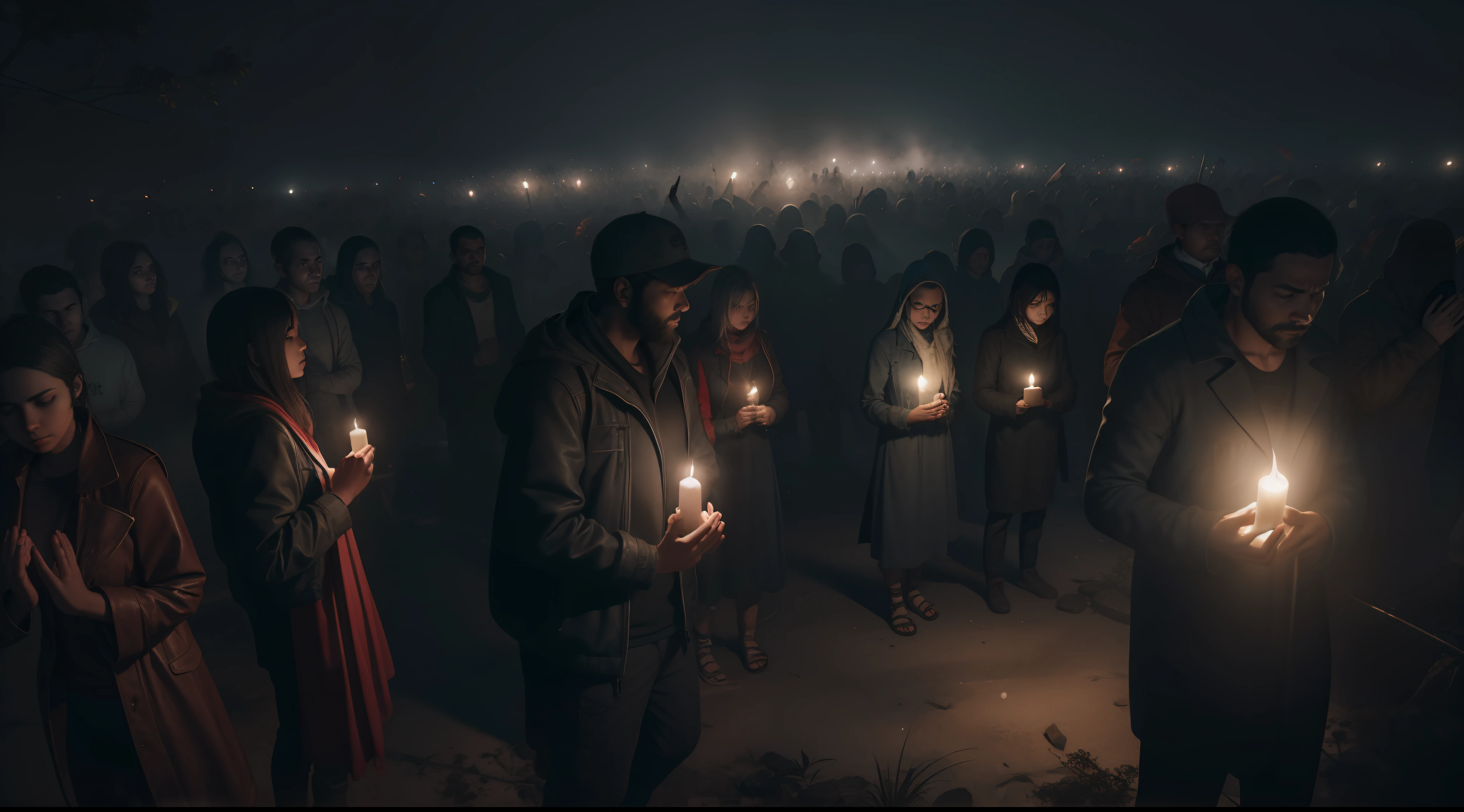 Crowd of people standing at night, crowds of people praying, diante de umaimagem aterrorizante, o sol coberto por um planeta, people panicking, photo taken at night. apocalyptic atmosphere, muita neblina e poeira, imagem realista unreal engine 5.