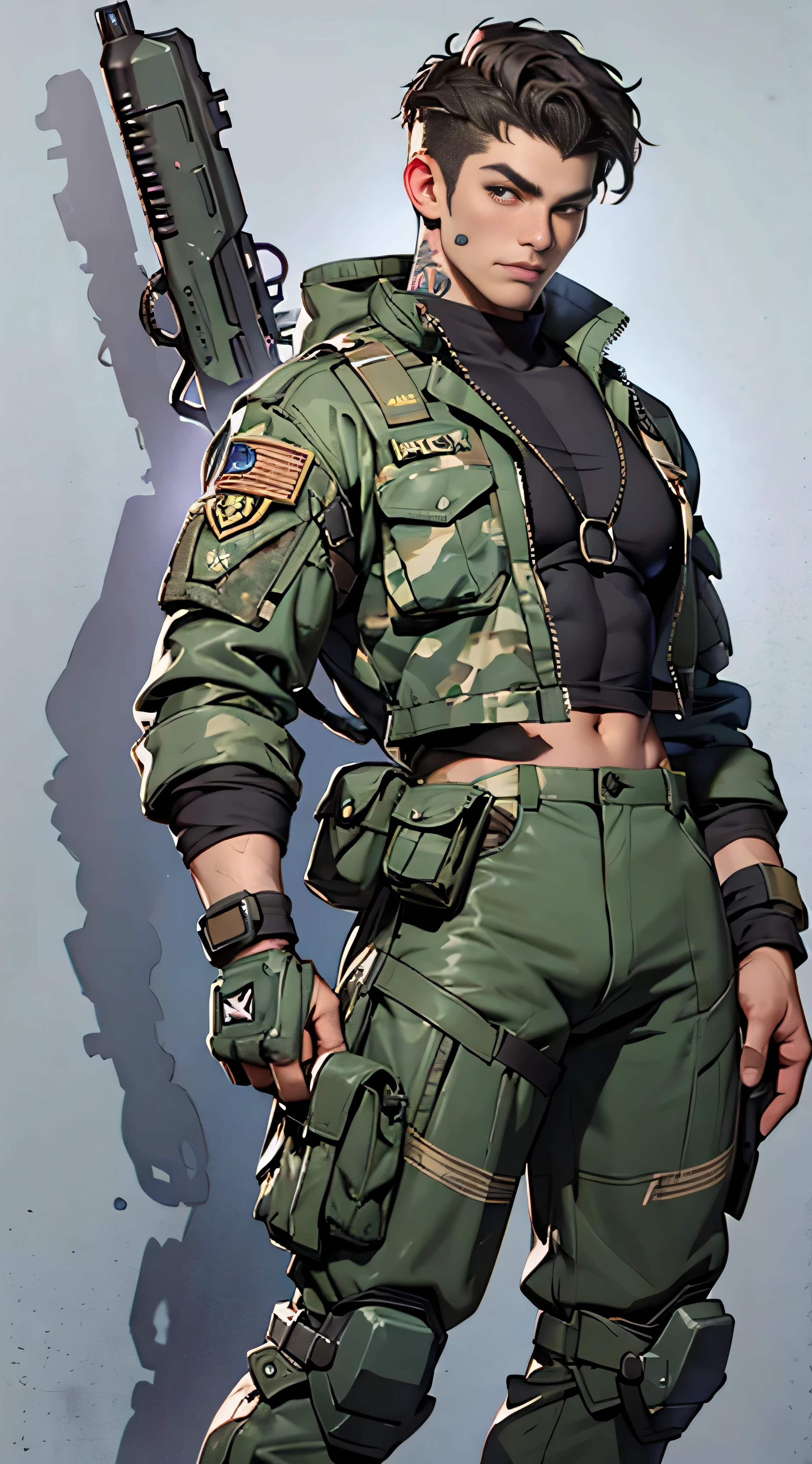 (((Best quality: 1.4))),(Unbeatable masterpiece), (hyper HD),(Hyper-realistic 8k CG)、 ((( body))), (((1 male soldier))), 25-year-old American soldier with perfect body,,A detailed的the face,muscular body:1.2,detailed look jacket, Camouflage vest、 (Pictures from head to thighs),clean abs, Complex equipment, Dark Green,With white stars and off-white stripes,,,,, Tech Armor, Poison tattoos ),