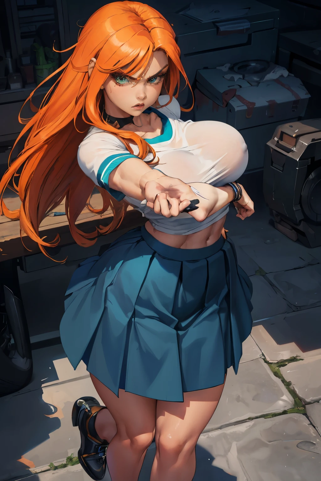 8k,masterpiece, bset quality,big, (1 girl), Kim Possible, green_eyes, orange hair, long hair, professional lighting, (shiny skin: 1.2), shiny big, ((best quality)), sharp focus: 1.2, highly detailed face and skin texture, detailed eyes, perfect face, perfect body, blur art, cg, background, Big breasts, presence (20yo, mature cool and beautiful face), wearing ((blue skirt), white taut shirt, thilush, (mittgal), random pose, top view, perfect eye, angry face