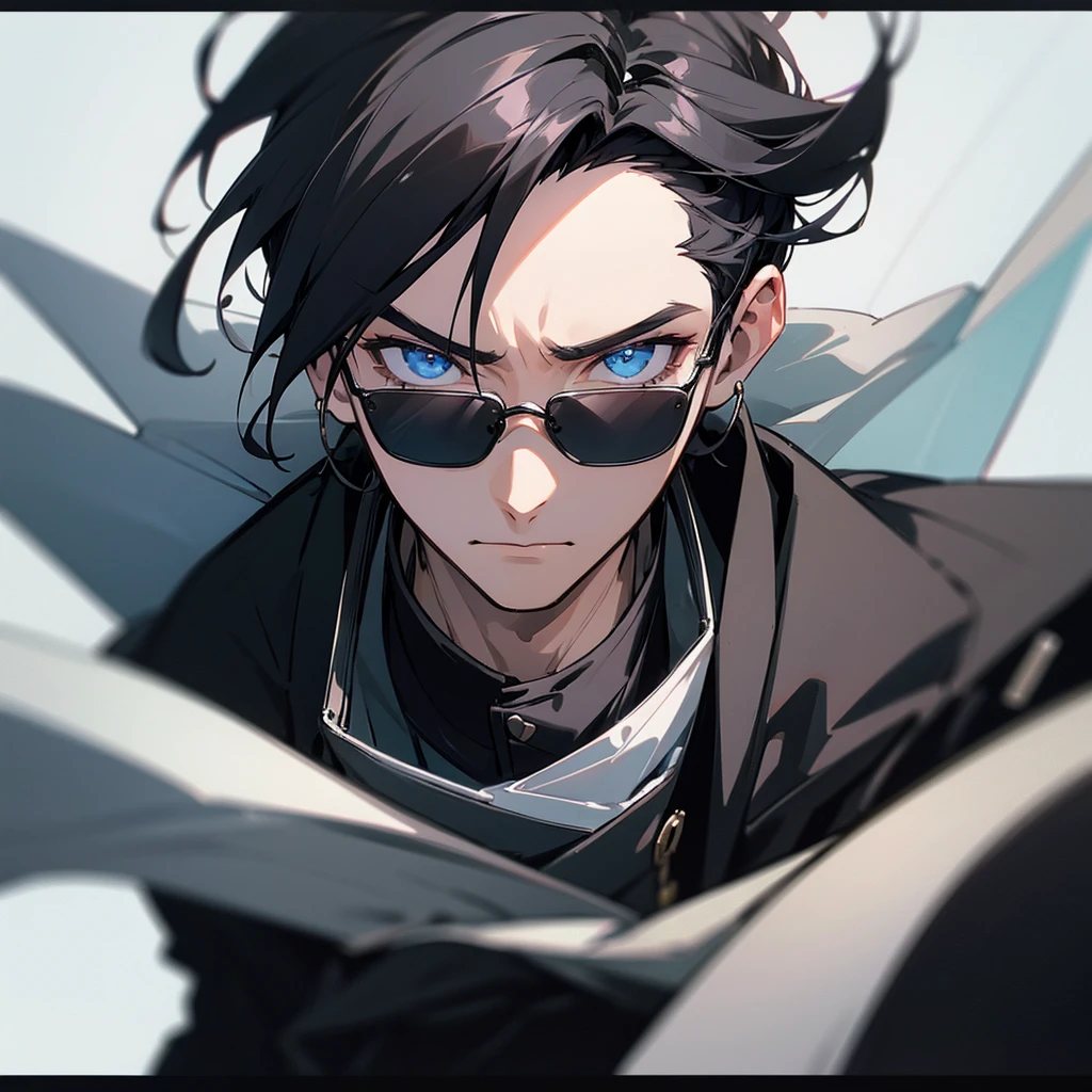 Male Gender, black and white middle parted hair, protective glasses, black jacket clothing, aesthetics, close-up point of view, facing front, Anime, High Resolution, High Quality, 8K Texturd,