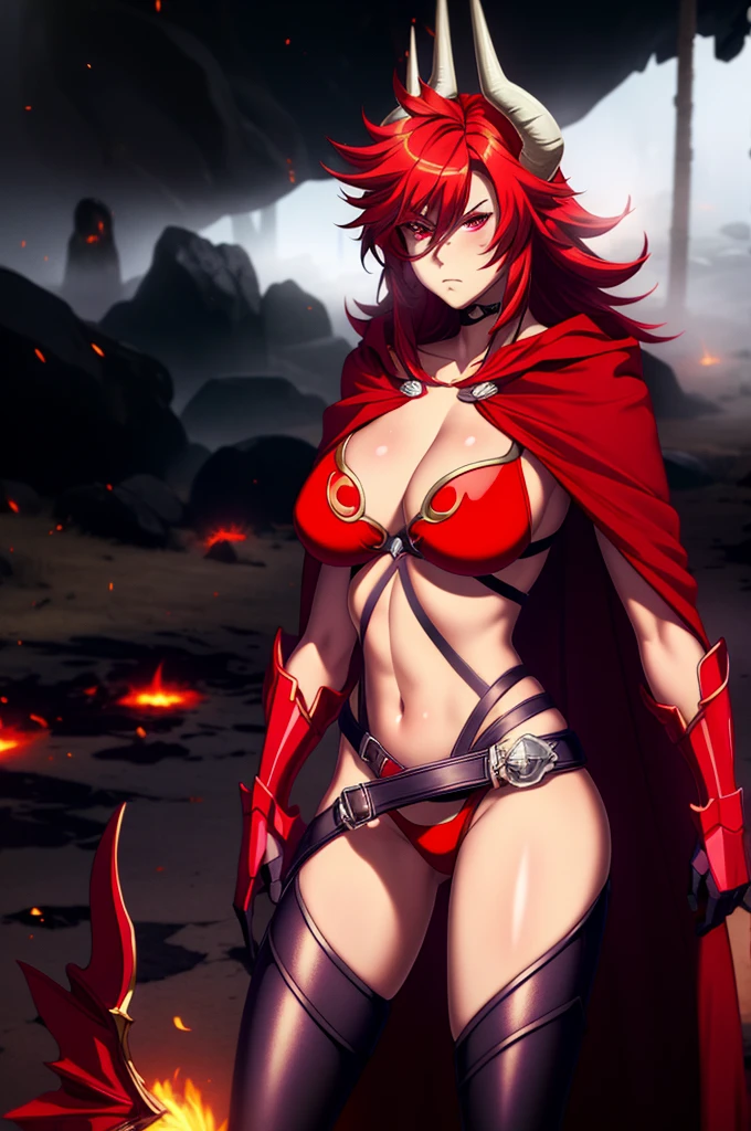 (masterpiece, best quality:1.2), 1girl, satanx, dramatic lighting, god rays, dark, smoke, mist, fog, fantasy landscape, (embers), magma, light particles, , red bikini armor, red cape, cowboy shot, annoyed, soft particles 1nf3rnalAI, standing