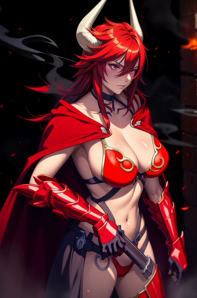 (masterpiece, best quality:1.2), 1girl, satanx, dramatic lighting, god rays, dark, smoke, mist, fog, fantasy landscape, (embers), magma, light particles, breasts, red bikini armor, red cape, cowboy shot, annoyed, soft particles 1nf3rnalAI, standing