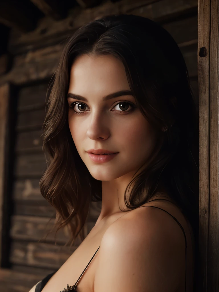 (Realistic:1.5), RAW photo, masterpiece, witch, a cute and sexy woman with orange eyes, she have a black cat, (detailed mysterious background with stars over old wooden house), soft natural lighting, Faded colors, cinematic.