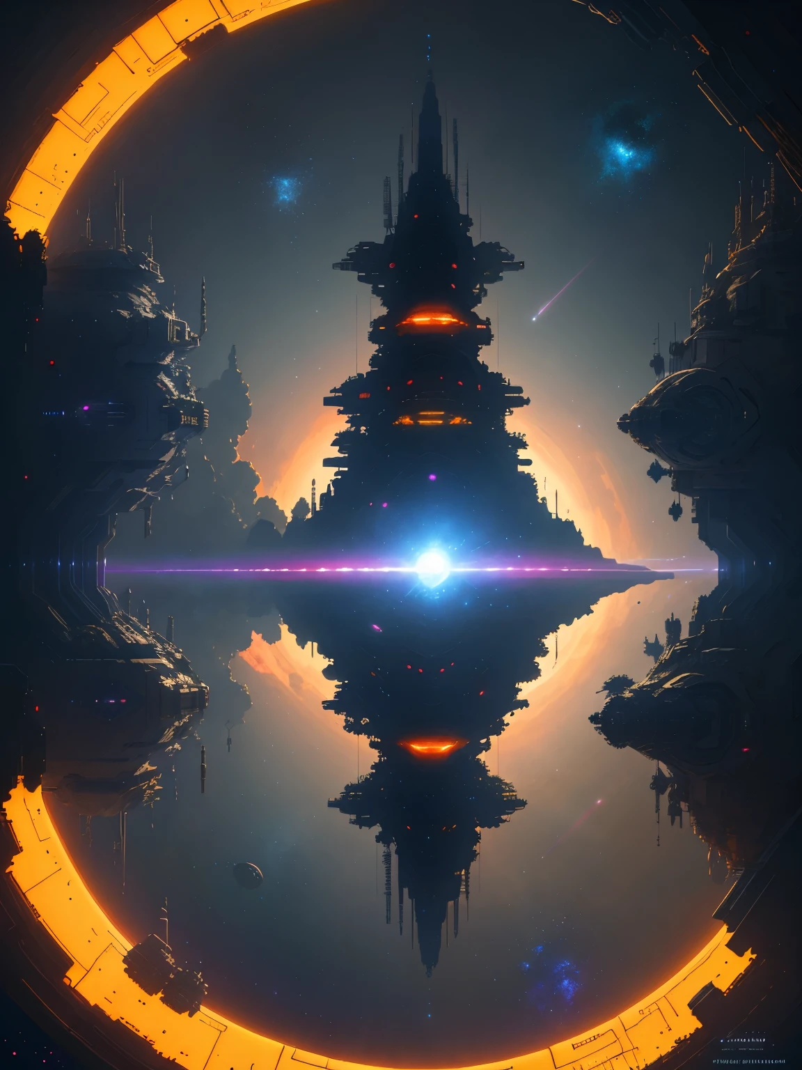 Dark deep space. Colorful starfields. Super detailed, realistic futuristic spaceship orbiting an unknown planet. The photon emitter is working. Many portholes and observation decks have lights on. Dimensional windows. Night. Many small details.