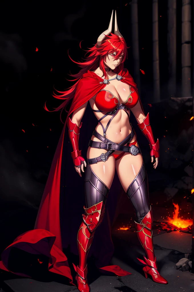 (masterpiece, best quality:1.2), 1girl, satanx, dramatic lighting, god rays, dark, smoke, mist, fog, fantasy landscape, (embers), magma, light particles, breasts, red bikini armor, red cape, cowboy shot, annoyed, soft particles 1nf3rnalAI, standing, full body, boots,