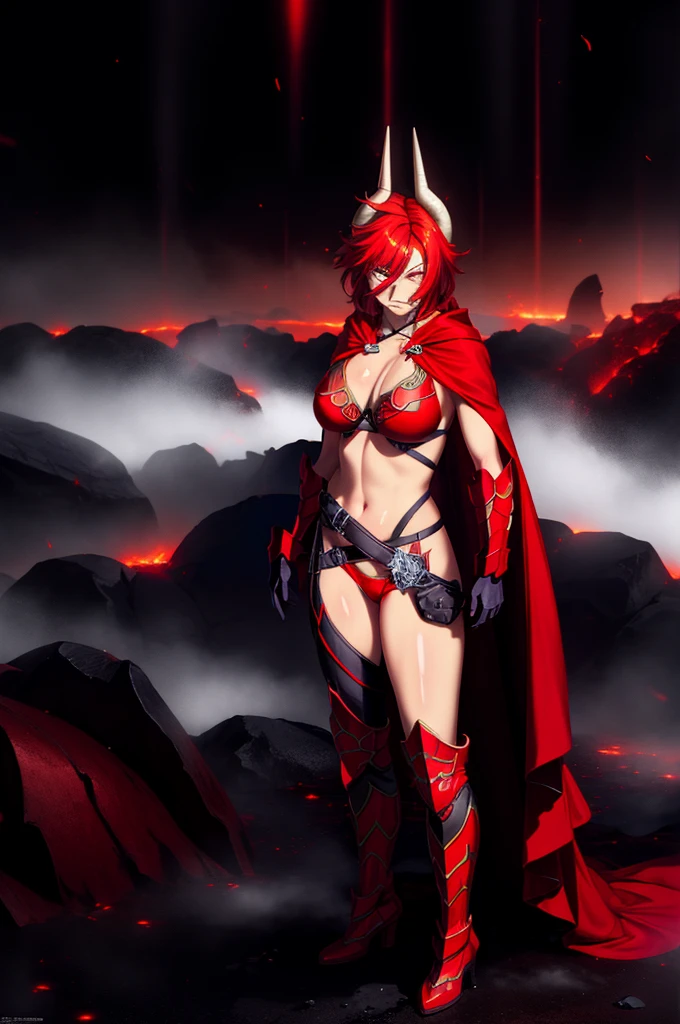 (masterpiece, best quality:1.2), 1girl, satanx, dramatic lighting, god rays, dark, smoke, mist, fog, fantasy landscape, (embers), magma, light particles, breasts, red bikini armor, red cape, cowboy shot, annoyed, soft particles 1nf3rnalAI, standing, full body, boots,