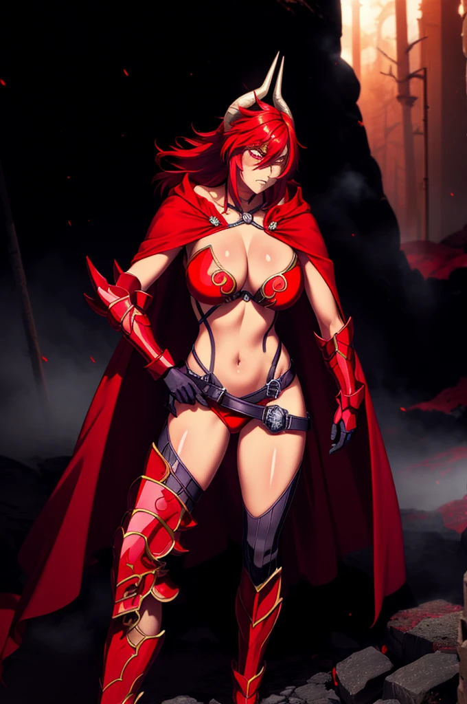 (masterpiece, best quality:1.2), 1girl, satanx, dramatic lighting, god rays, dark, smoke, mist, fog, fantasy landscape, (embers), magma, light particles, breasts, red bikini armor, red cape, cowboy shot, annoyed, soft particles 1nf3rnalAI, standing, full body, boots,
