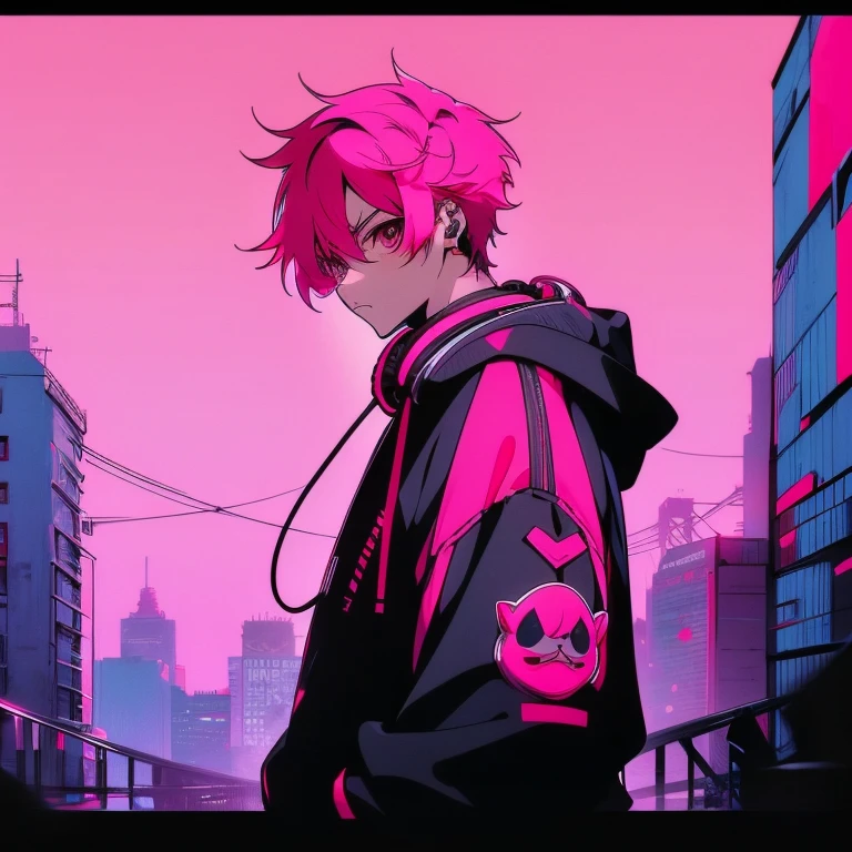 (short-cut), (Two-block hair), (vivid pink hair), (male character), (Red Eyes), (Cool pose), (of the highest quality), (​masterpiece), (ultra-detailliert), (Oversized hoodies), (Street), (neons), (Camera from a down angle), (Modern City), (neonsデイライト), (Cinematic), (Stylish), (hight resolution), (Hyper Detailed), (Looking at the camera), (Anime-style), (Softtown), (nightcore), (a handsome man), (Listening to music through headphones), (natural appearance of the building), (casual), (ig studios anime style), (Standing Pose),