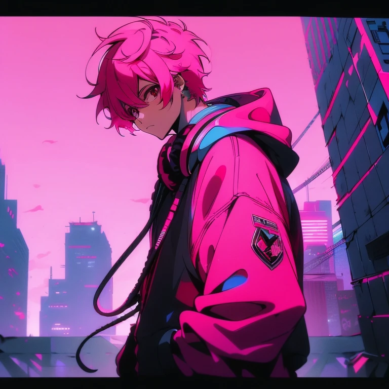 (short-cut), (Two-block hair), (vivid pink hair), (male character), (Red Eyes), (Cool pose), (of the highest quality), (masterpiece), (ultra-detailliert), (Oversized hoodies), (Street), (neons), (Camera from a down angle), (Modern City), (neonsデイライト), (Cinematic), (Stylish), (hight resolution), (Hyper Detailed), (Looking at the camera), (Anime-style), (Softtown), (nightcore), (a handsome man), (Listening to music through headphones), (natural appearance of the building), (casual), (ig studios anime style), (Standing Pose),