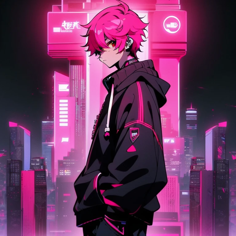 (short-cut), (Two-block hair), (vivid pink hair), (male character), (Red Eyes), (Cool pose), (of the highest quality), (​masterpiece), (ultra-detailliert), (Oversized hoodies), (Street), (neons), (Camera from a down angle), (Modern City), (neonsデイライト), (Cinematic), (Stylish), (hight resolution), (Hyper Detailed), (Looking at the camera), (Anime-style), (Softtown), (nightcore), (a handsome man), (Listening to music through headphones), (natural appearance of the building), (casual), (ig studios anime style), (Standing Pose),