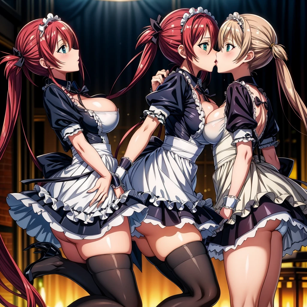 masutepiece, Best Quality, Airlib 4, thighs thighs thighs thighs, black thighs thighs thighs thighs, Apron, zettai ryouiki, maid, Maid headdress, cleavage, Wrist cuffs,Multiple maids lined up,Multiple Girls,kiss