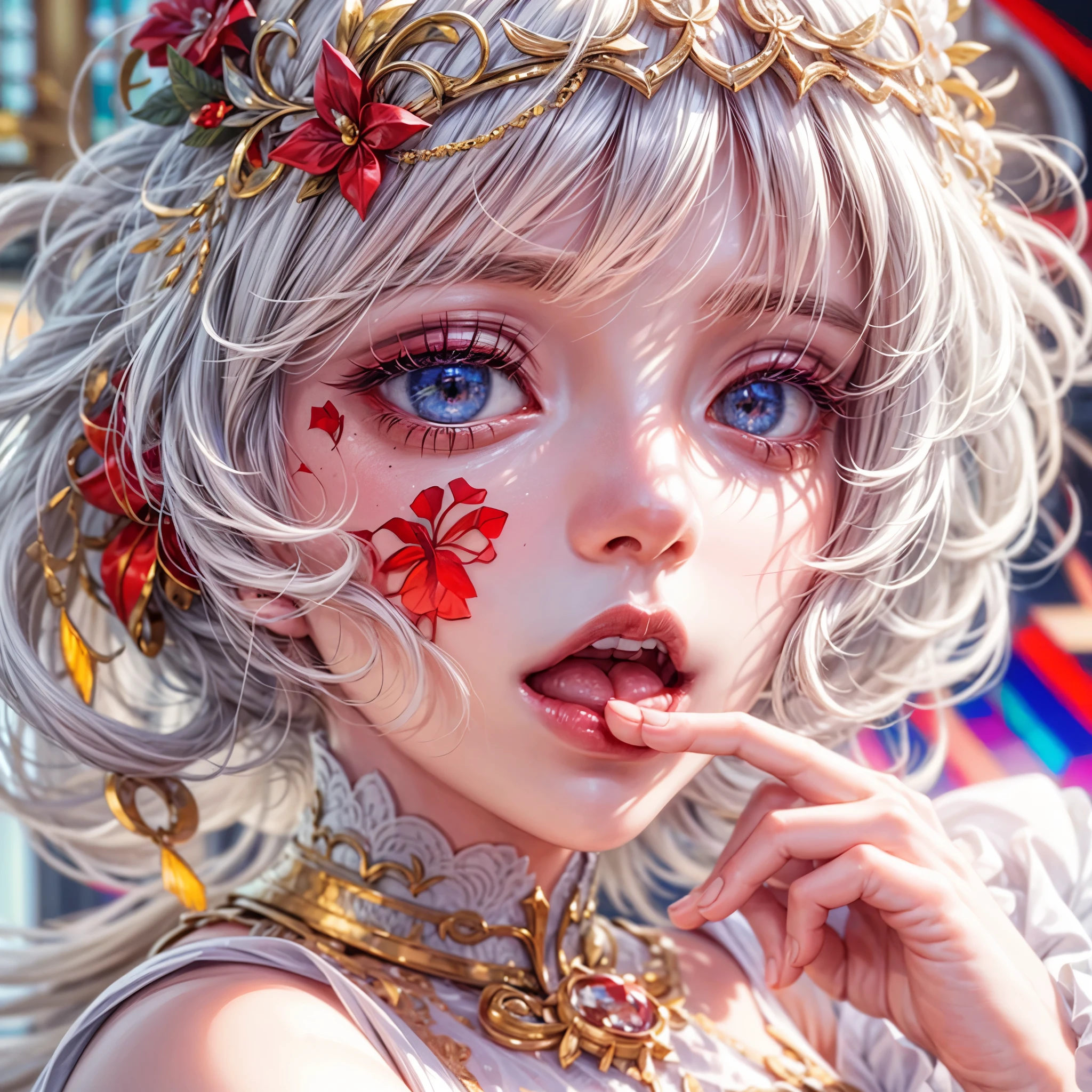 Sexy girl in ((WHITE)) and Delicate lace underwear, with Glossy RED lips, (Exposed:1.2), (nipple:-0.9), { closeup of Cute lips | Dynamic-angle }, ((Dazzling stained glass Background)), (( colorful Light shines through stunning elaborate stained glass:1.2)), vivid Red colors . ((Acutance:0.8, physically-based rendering)), (masterpiece:1.2), (ultra-detailed:1.35), (realistic, photorealistic, ((photo-realistic:1.37))with touch of rawness) . ((Renbutsu Misako)), (Extremely detailed KAWAII face variations, with Dynamic expressions), detailed eyes with sparkling highlights, captivating gaze, long eyelashes, subtle blush on the face, rosy cheeks, impeccable oiled ivory skin texture . { full of flowers covering girl's body | Mystic sight | haze | Light Particle | Lens Particle | Lens Flare | Dazzling angle's Halo | (Red leather) high collar | Overflowing sideboob } . ((( not Detailed fingers:-0.9))) .