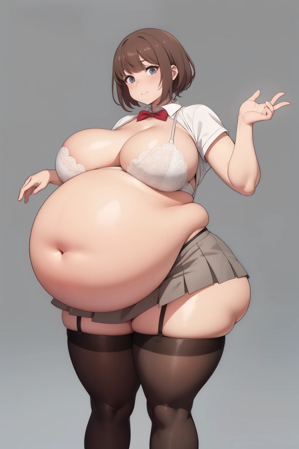 art by kipteitei, masterpiece, best quality, correct anatomy, beautiful woman, high quality, volumetric lighting, intricate details, 1girl, solo, looking at viewer, shy look, short hair, light brown hair, (big belly, wide hips:1), :q, grey skirt, white button-up, HD, anime, sharp, extremely coloured, curvy, voluptupus, navel, thick ass, thick thighs, skindentation, (simple background:1.2), round belly, bloated belly, gigantic belly, undersized clothes, (micro bra), jiggly belly, bulging belly, gigantic breasts, hyper belly, thigh highs