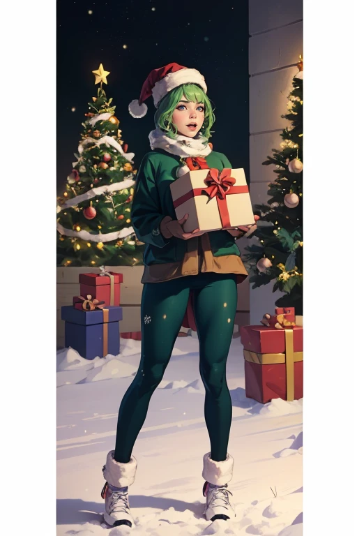 ((best quality)), ((masterpiece)), (detailed), ((full body capture)), ultra detailed graphic tension, dynamic poses, man, stunning colors, green hair, :o, (holding gift box), giant gift boxes, (surprised expression), excited, festive, Christmas trees, big city, shopping, snowman, perfect hands, no words, cool