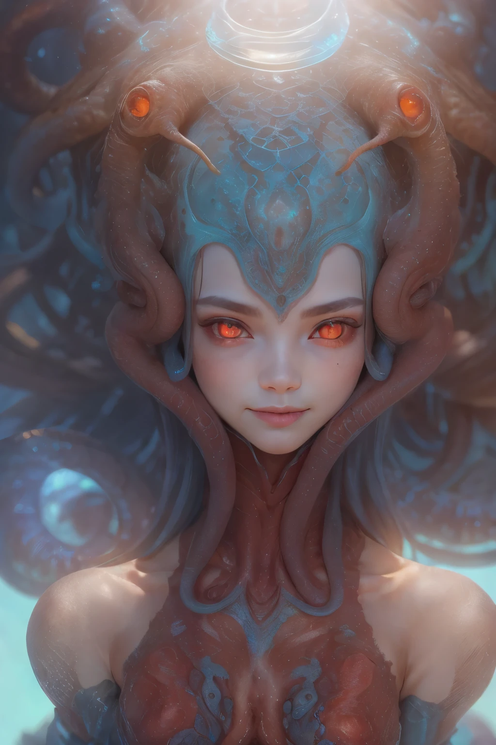 Portrait, (beautiful female alien:1.2), (she has red eyes with no pupils:1.8), (Translucent skin:1.7), (There is a female genital-like organ in the middle of the forehead:1.9), (The most beautiful face in the history of the universe:1.2),an evil gaze that seduces, (large mouth:1.1), (sharp teeth like a vampire:1.2), Full body like, (bio luminescent:1.5), (Smile wickedly:1.3), (sexypose:1.5), alien, No humans, cells are fused, (Lots of translucent tentacles:1.3) extraterrestrial, cell, bio image, Best Quality, 8K,4K_quality, High Definition, Dramatic Lighting, masutepiece:1.5,cinematic quality, detail up, (Intricate details:1.2), High resolution, High Definition, drawing faithfully, (Thick eyebrows:1.2), Beautiful eyes with fine symmetry,(Highly detailed face and eyes:1.2), Intimate face, (Super detailed skin quality feeling:1.4), Perfect Anatomy, (Beautiful toned body:1.5), (Moist skin:1.2), No makeup, (dark circles:1.1), long canines, cinematic drawing of characters, ultra high quality model, cinematic quality, detail up, (Intricate details:1.2), High resolution, High Definition, drawing faithfully, Official art, Unity 8K wall , 8K Portrait, Best Quality, Very High resolution, ultra detailed artistic photography, midnight aura, unreal enginee 5, Ultra Sharp Focus, art by alberto seveso, ArtGerm, Roisch, intricate artwork, best quality, masutepiece, ultra High resolution, (photos realistic:1.4), Ultra-realistic realism, dream-like, nautilus, Creation of fantasy, Snail, Dream Snail, biopunk nautilus, Thrilling color schemes, Ultra-realistic realism, seductively smiling, Blue tentacles,