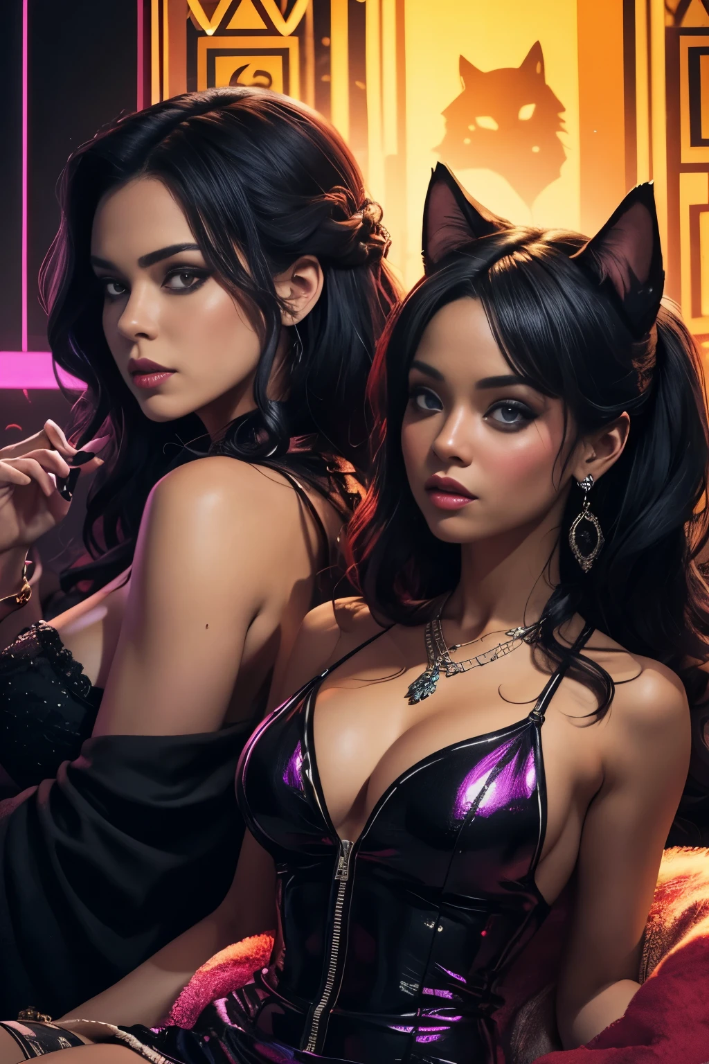 Create a graphic and detailed illustration that reimagines [crazy female movie star] with two husky dogs, one red dog, the other black, in a Lowbrow style, combining the ideas of Robert Williams and Gary Panther. [red-black-orange purple green color scheme] Use a palette with electric hues to portray this ageless character in a scene that subverts his traditional, pure image and brings in the purely subcultural essence of lowbrow art.