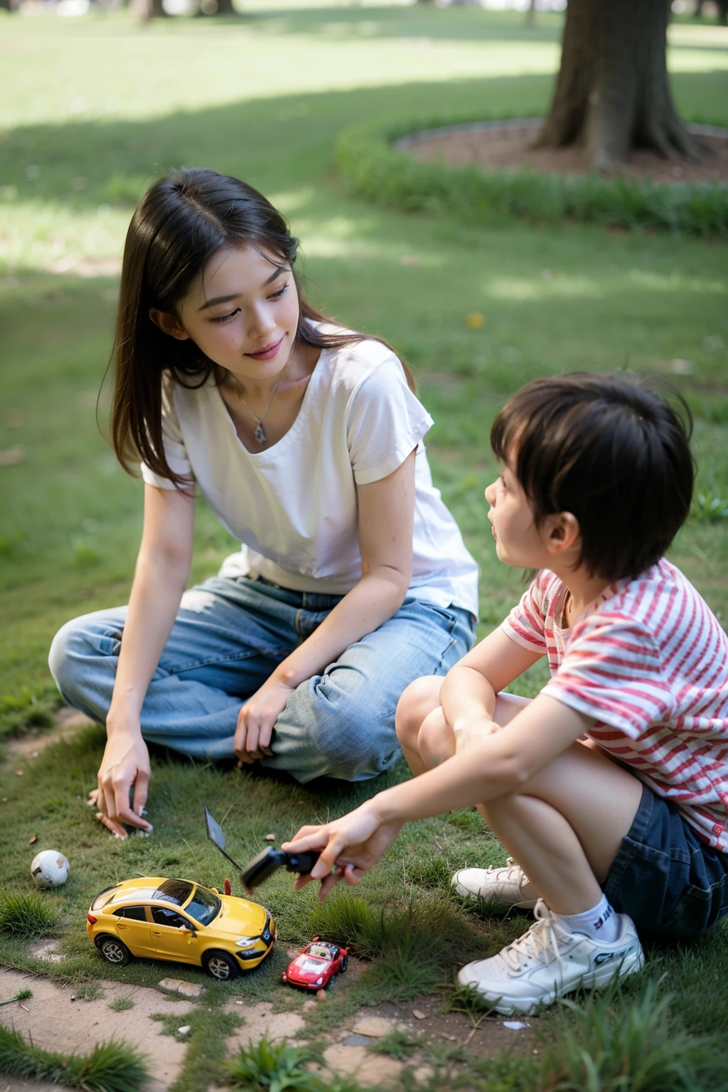 Children playing with remote control car on the grass