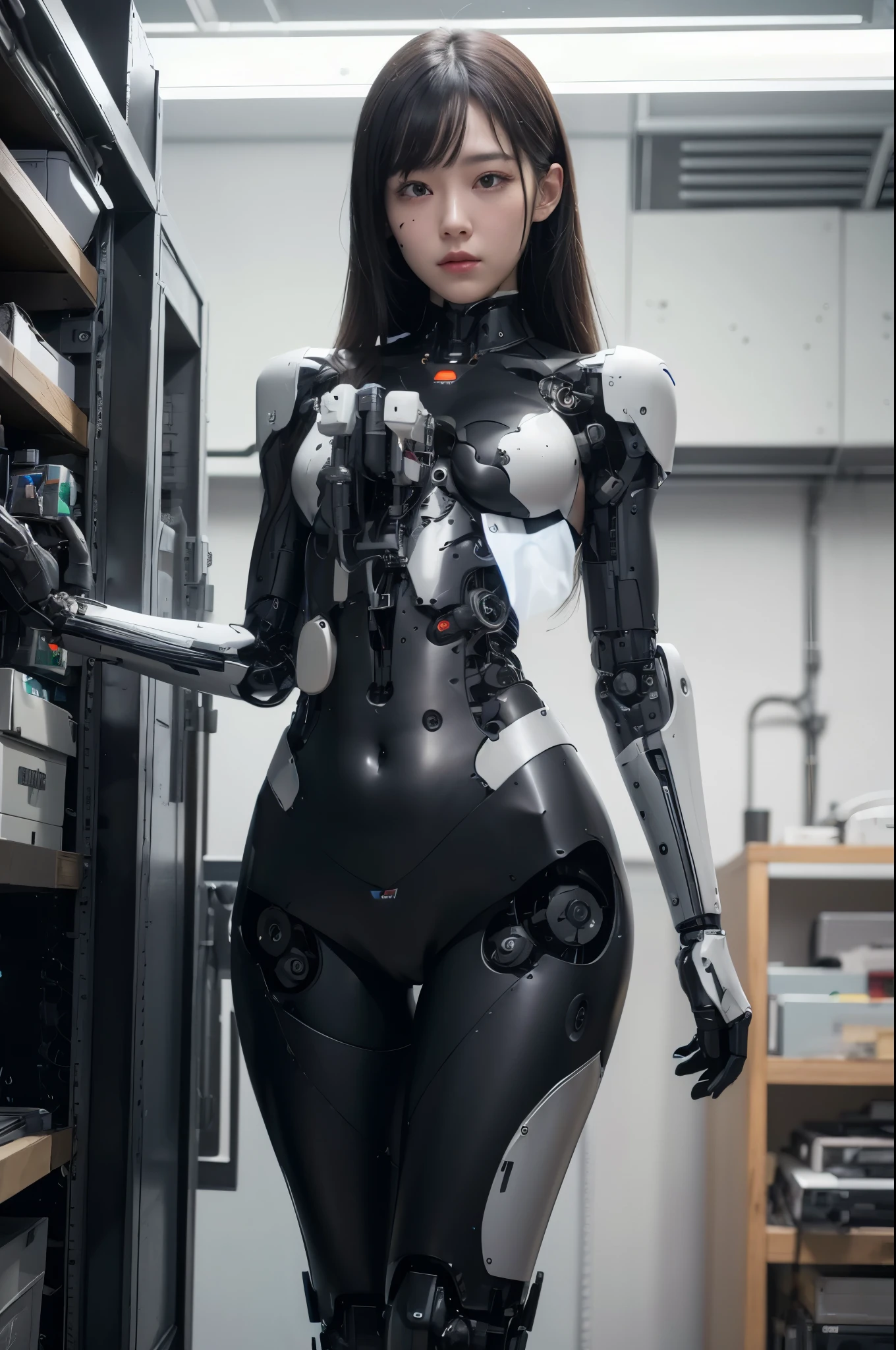 (photorealistic:1.4), (RAW photo)masterpiece, best quality, extremely detailed, (8K, 4K, Best Quality, hight resolution, 超A high resolution:1.1), (masutepiece, Realistic, Photorealsitic:1.1),8k portrait, Japaese android Girl,Plump , dark black leg cover,announcer,control panels,android,Droid,Mechanical Hand, Robot arms and legs, Black Robot Parts,Black hair,Mechanical body,Blunt bangs,perfect mechanical abdomen,White robotics parts,perfect robot woman,future laboratory,cyber pank,charging spot,laboratory,long tube,thick cable connected her neck,ceramic body ,perfect mechanical body, white robot body,lod antenna,mechanical ear cover,android,robot humanoid,black sponge joints,The removable cover is in the groin,The connection port is in the groin,opened chest panel,access panel on the chest,opened breast panel,mechanical breast,perfect machine body,She has repaired,assembly plant,