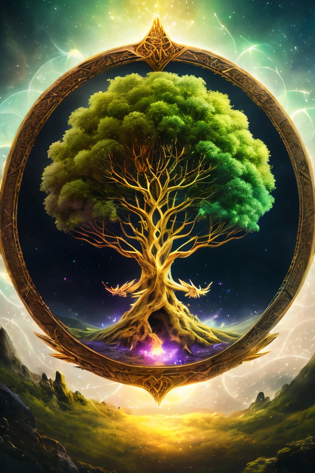 Fantasy world , Yggdrasill tree in the center in the middle of a circle devided in two cicles , equinox concept art , spring equinox ritual , magic scene , design centered over isolated backgroun
