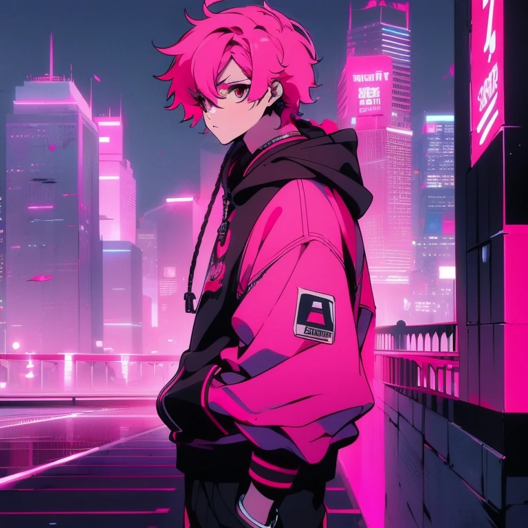 (short-cut), (Two-block hair), (vivid pink hair), (male character), (Red Eyes), (Cool pose), (of the highest quality), (​masterpiece), (ultra-detailliert), (Oversized hoodies), (Street), (neons), (Camera from a down angle), (Modern City), (neonsデイライト), (Cinematic), (Stylish), (hight resolution), (Hyper Detailed), (Looking at the camera), (Anime-style), (Softtown), (nightcore), (a handsome man), (Listening to music through headphones), (natural appearance of the building), (casual), (ig studios anime style), (Standing Pose),