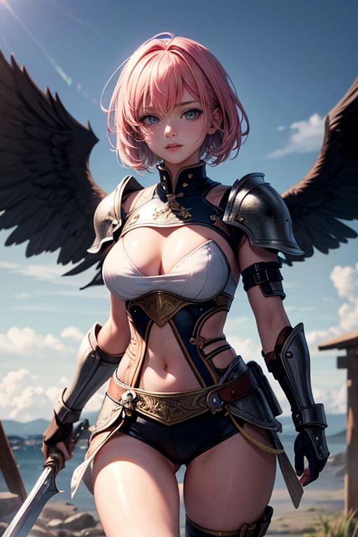 (best quality, 4k, 8k, highres, masterpiece:1.2), Pink Hair、Shorthair、breasts are beautiful and big。you are a brave warrior。wears steel armor。fighting with a sword。Grow wings and fly in the sky。Flying high in the sky through a thunderstorm。