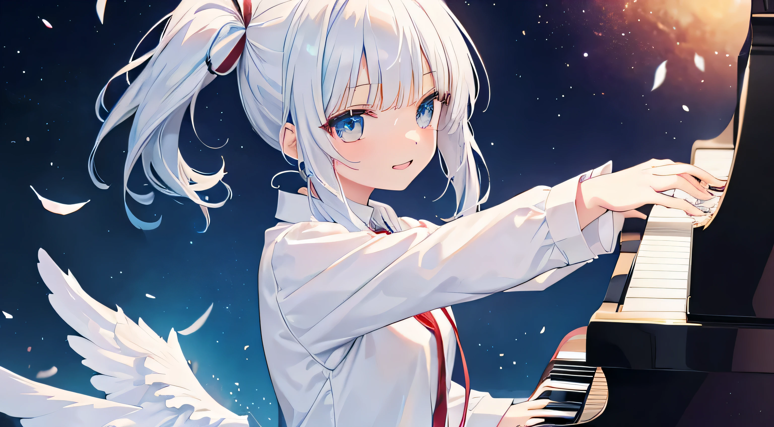 gawr gura vtuber playing piano with angel beats anime theme, white hair, gawr gura face, literally gawr gura from hololive, gawr gura, happy expression,