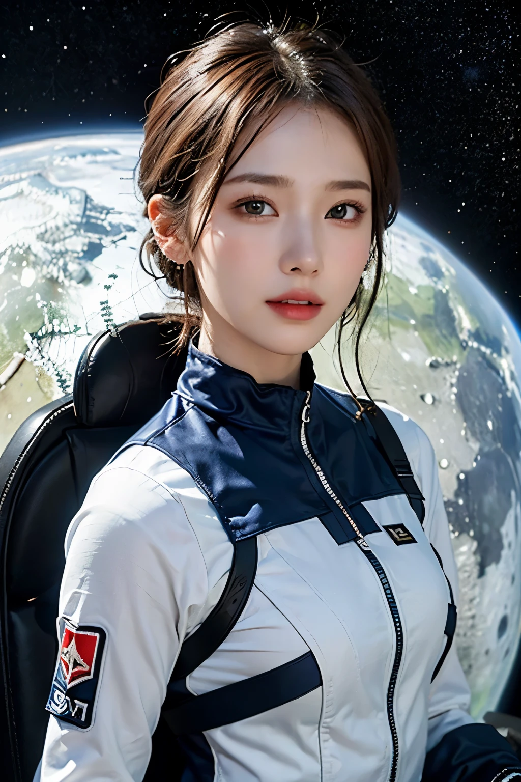 top-quality、​masterpiece、超A high resolution、(realisitic:1.4)、Beautuful Women１、Beautiful detail eyes and skin、ssmile、Light brown short-cut hair、The perfect spacesuit、cosmic space、spaceships、fullmoon、