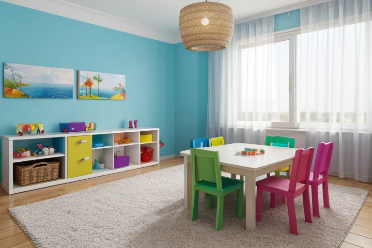 white sheet of paper on a table with many colored pencils next to it, giz de cera, canetinhas coloridas, ambiente como uma brinquedoteca infantil, ambiente claro iluminado diurno, environment with colorful furniture, mostre as mesas inteiras sem cortar as pernas das mesas, image further away, lente 18mm