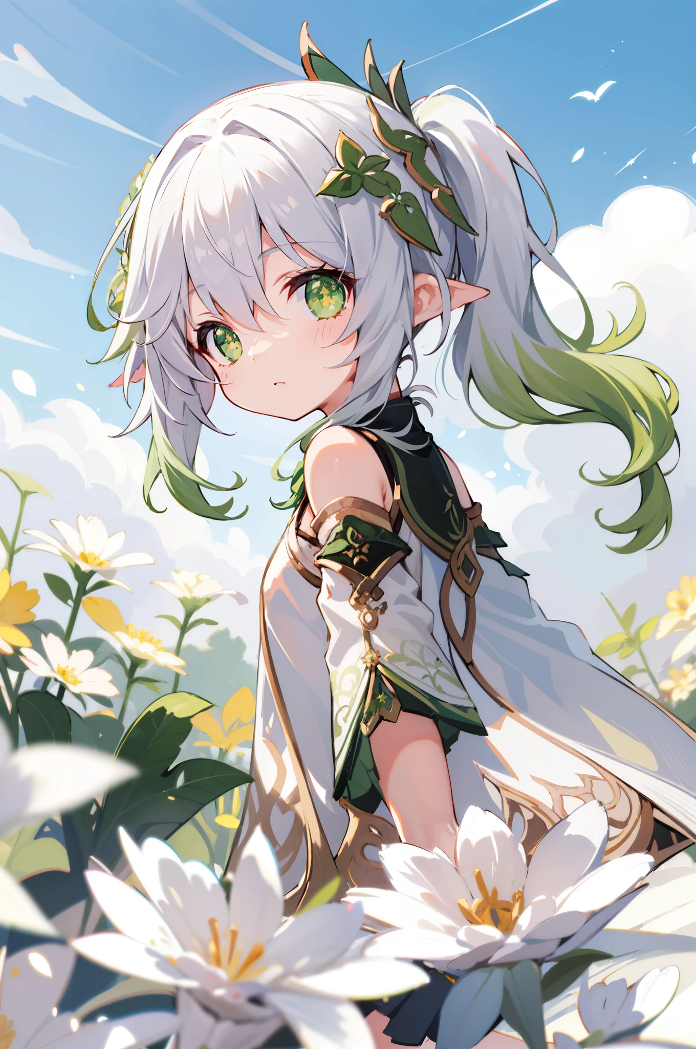 1 little girl solo, Nahida_Genshin Impact, cross-shaped pupils, default_a skirt, white a skirt, White hair, Green hair accessories, Green cloak, Flowers meadow, blossoms, Walking on the flower field