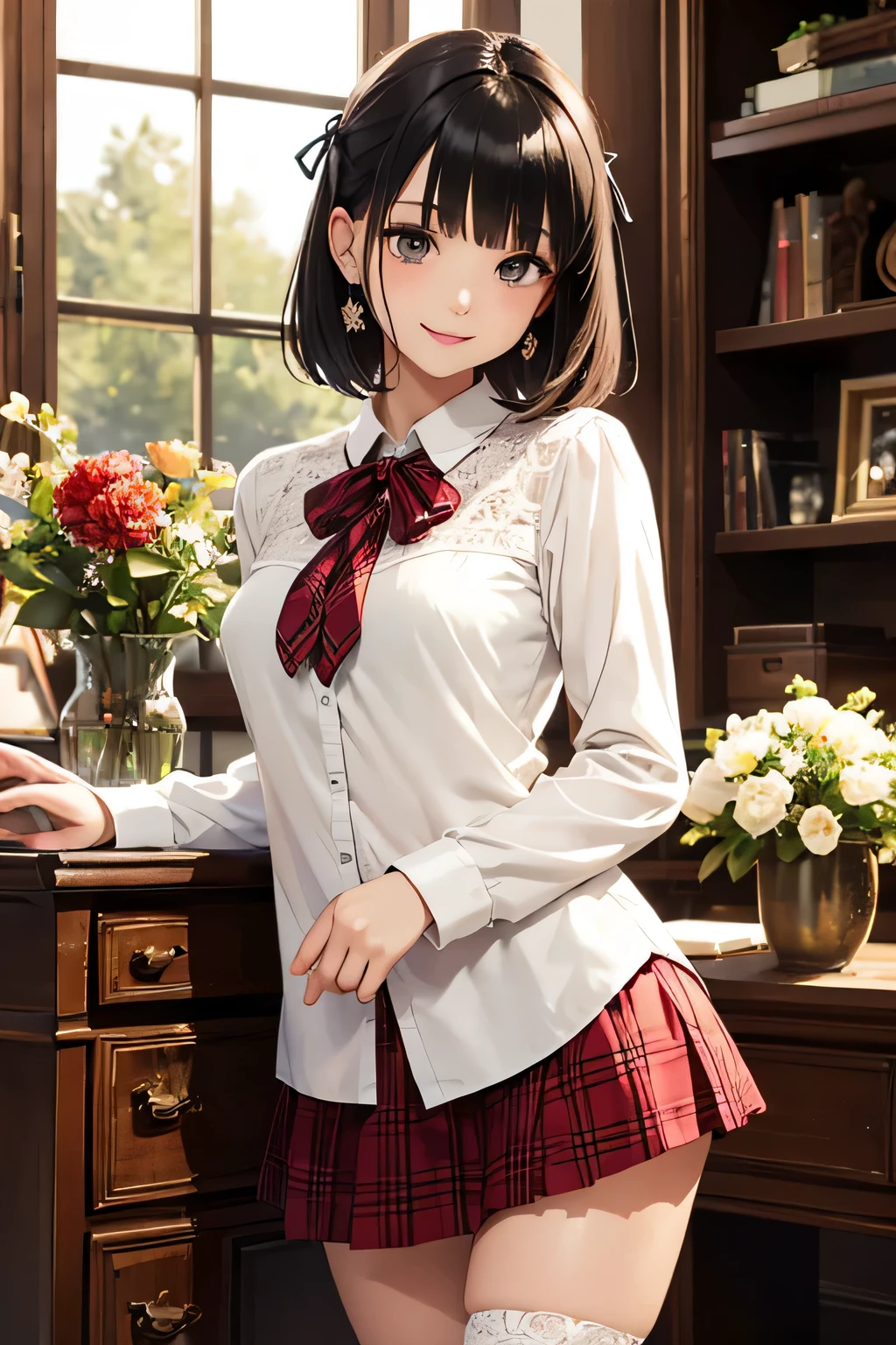 Very cute and beautiful girl,(very detailed beautiful face and eyes:1.2),(Smile),Cowboy Shot,
(white blouse with small frills),Long sleeve BREAK detail leg,zettai ryouiki,Standing,stylish pose,
Dynamic Angle,Hair Ribbon,Black hair,hime-cut,(scarlet plaid miniskirt)
 BREAK antique living room,flowers in a vase,Wooden Desk,(bookshelf:0.9),Jewelry box,european carpet,Distant trees々,
(Best Quality,masutepiece:1.2),(Intricate details),Extremely detailed,hight resolution,Solo,
Cinematic scene,