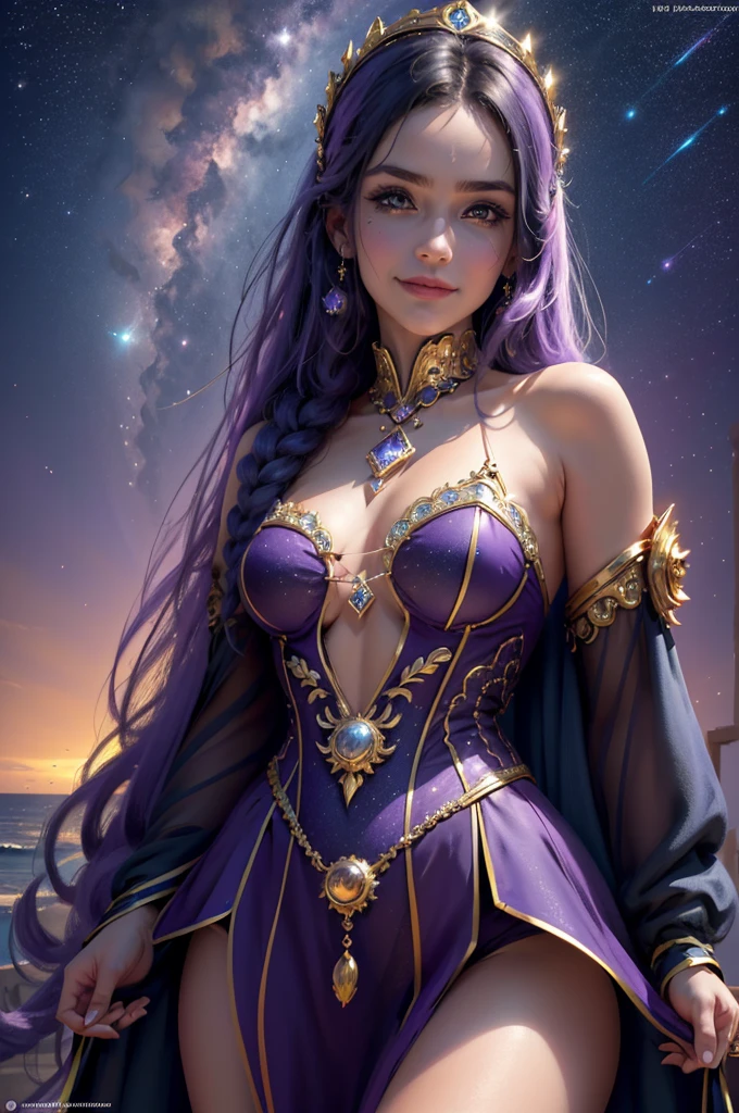 A italian girl, Best quality at best, (A smile brightened her face), close up, Background: Starry sky and zodiac signs, Purple hues like nebulae, Vast space, Award-Awarded, (high detal), Sharp, 8K, Popular topics on artstationh, iintricate, (Best quality at best,4K,8K,A high resolution,tmasterpiece:1.2),ultra - detailed,(actual,photoactual,photo-actual:1.37)