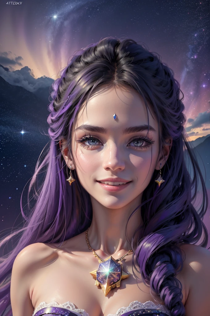 A italian girl, Best quality at best, (A smile brightened her face), close up, Background: Starry sky and zodiac signs, Purple hues like nebulae, Vast space, Award-Awarded, (high detal), Sharp, 8K, Popular topics on artstationh, iintricate, (Best quality at best,4K,8K,A high resolution,tmasterpiece:1.2),ultra - detailed,(actual,photoactual,photo-actual:1.37)