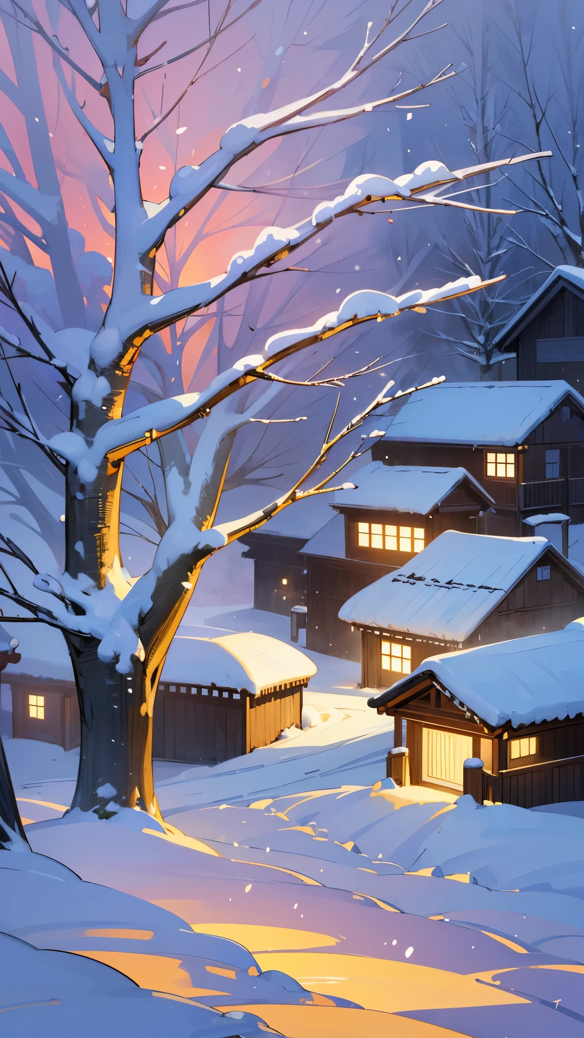 An elegant New Year greeting card for a LED flash light company, portraying a serene winter scene with softly lit LED lanterns casting a warm glow on snow-covered landscapes, a quaint village in the background, capturing a peaceful ambiance and the magic of winter nights, Painting, watercolor on textured , --auto --s2