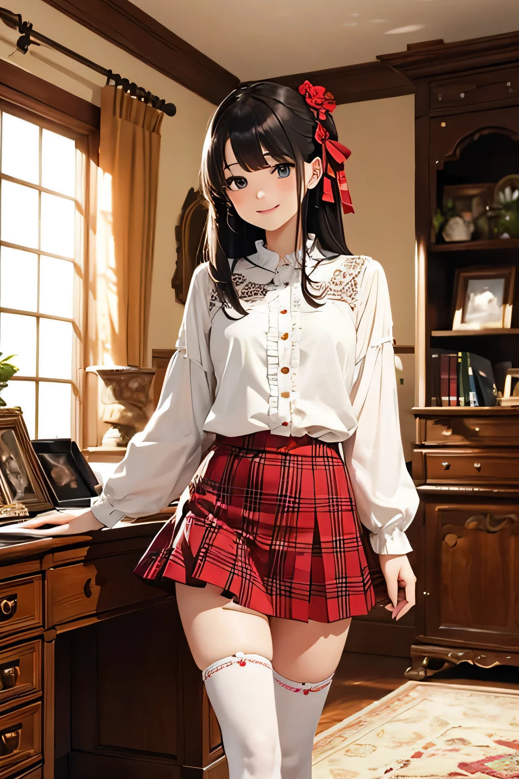 Very cute and beautiful girl,(very detailed beautiful face and eyes:1.2),(Smile),Cowboy Shot,
(white blouse with small frills),Long sleeve BREAK detail leg,zettai ryouiki,Standing,stylish pose,
Dynamic Angle,Hair Ribbon,Black hair,hime-cut,(scarlet plaid miniskirt)
BREAK antique living room,flowers in a vase,Wooden Desk,(bookshelf:0.9),Jewelry box,european carpet,Distant trees々,
(Best Quality,masutepiece:1.2),(Intricate details),Extremely detailed,hight resolution,Solo,
Cinematic scene,