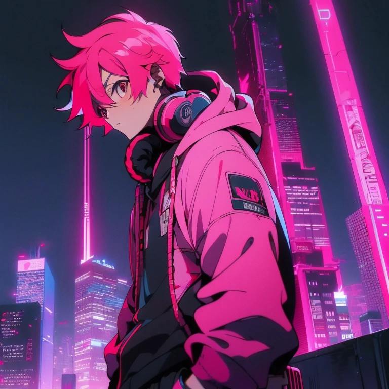 (short-cut), (Two-block hair), (vivid pink hair), (male character), (Red Eyes), (Cool pose), (of the highest quality), (masterpiece), (ultra-detailliert), (Oversized hoodies), (Street), (neons), (Camera from a down angle), (Modern City), (neonsデイライト), (Cinematic), (Stylish), (hight resolution), (Hyper Detailed), (Looking at the camera), (Anime-style), (Softtown), (nightcore), (a handsome man), (Listening to music through headphones), (natural appearance of the building), (casual), (ig studios anime style), (Standing Pose),