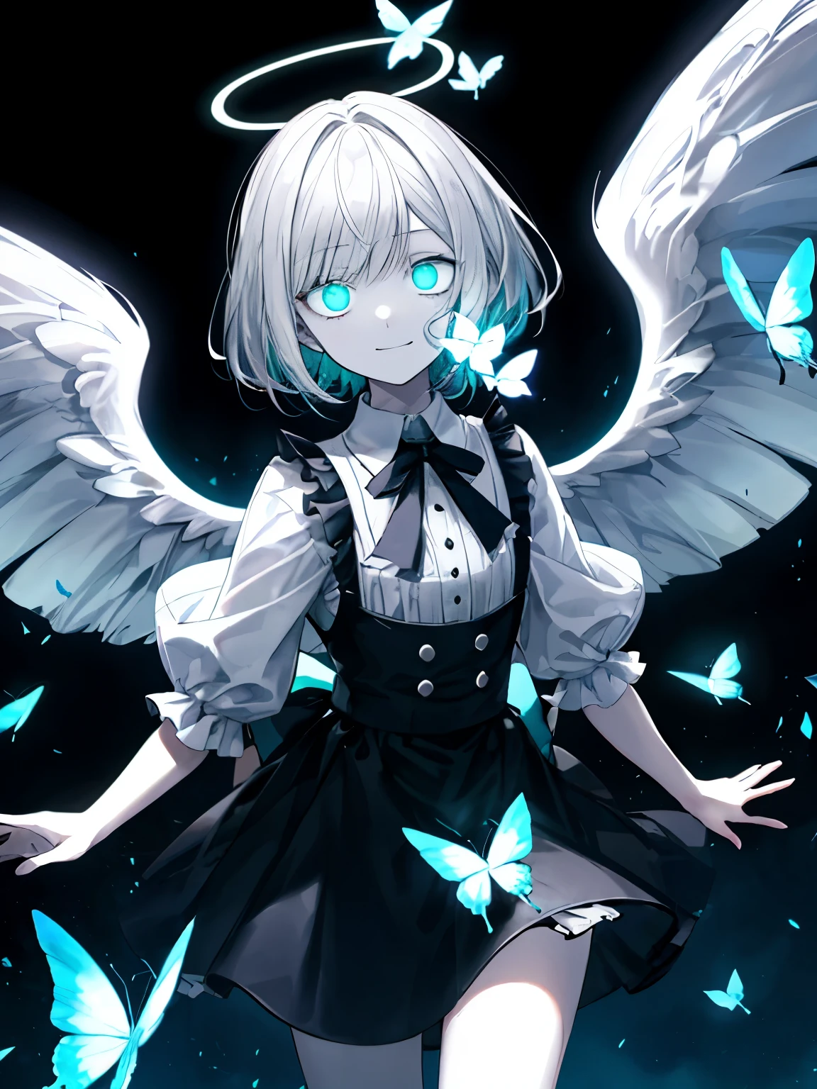 Best Quality、masutepiece、Ultra-detailed、face perfect、Extremely detailed、Extremely delicate、1 boy, (Scary), Angel, Gorgeolanche&#39;The halo), Dark, Glowing eyes, Light green eyes, Angel wings,  holy, , blancheのチュニック, 2対のblanche angel wings, which are full of confidence, Smile, Keep your mouth shut、Expressive eyes, collofull eyes, Contrasty, shadowy, masutepiece, Digital Art, Glowing eyes, Intimidating, corrupted, Demonic, Abstract background, blanche, black and teal、両手にblancheく輝く星を浮かばせる、fear、A light blue butterfly dances