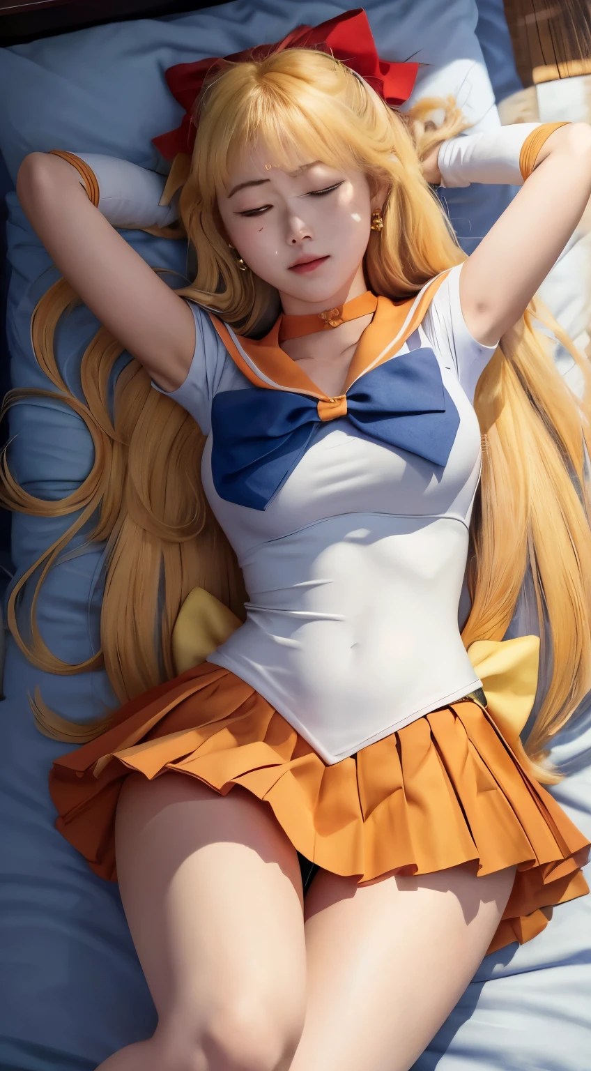Masterpiece, Best Quality, High Resolution, Venus1, 1Girl, Solo, Sailor Warrior Uniform, Sailor Venus, Minako Aino, Blonde, Magical Girl, Blue Eyes, Orange Skirt, Elbow Gloves, Headgear, Pleated Skirt, Bow, Orange Sailor Collar, Miniskirt, Choker, Red Bow, Orange Choker, White Gloves, Extra Long Hair, Jewelry, Earrings, Cowboy Gun, Bare Thighs, Panties, Bare Legs, lying down on the back, bed, photorealistic, (((close eyes:1.4))),
